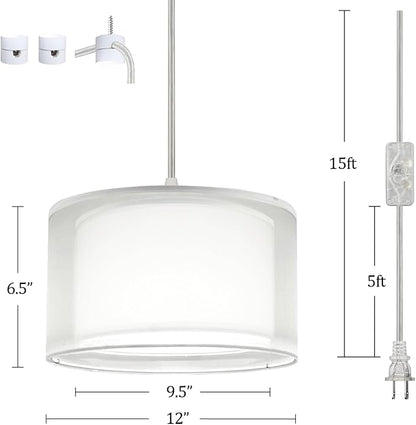 Hanging Lamp Plug in Pendant Light 2 Pack with Remote Control, 15Ft Hanging Lights with Plug in Cord White Double Shade Ceiling Pendant Light for Living Room, Bedroom, Kitchen