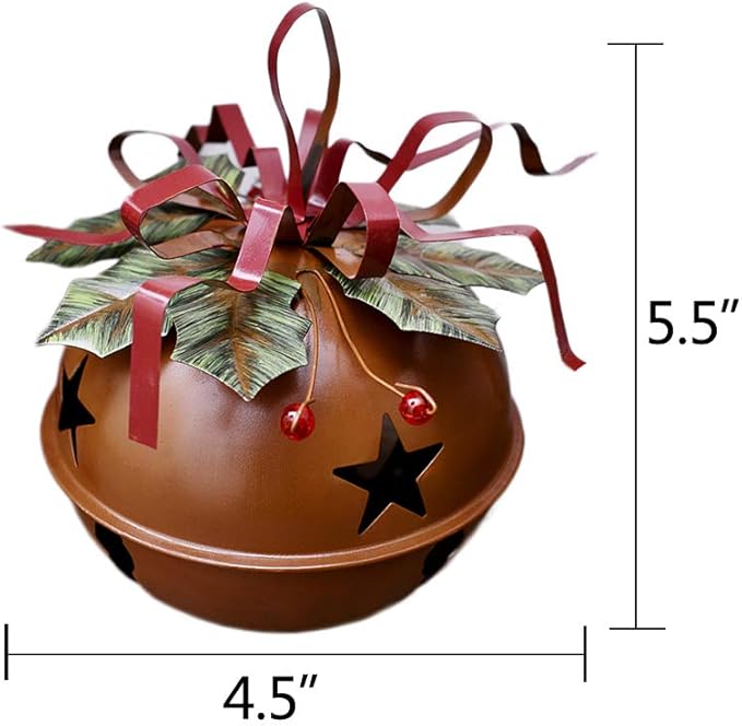 Large Christmas Jingle Bell Decoration, 4.5 X 5.5 Inch Rustic Red Jingle Bell Hanging Christmas Tree Bell Ornament Metal Star Cutout Xmas Holiday Decor, Party and Festival Decoration (Bell C)