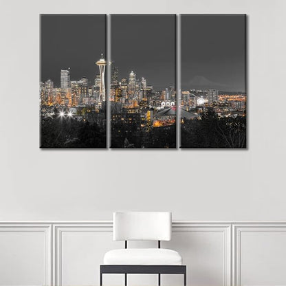 TUMOVO Seattle Downtown Skyline Canvas Paintings Wall Art 3 Panel City Skyscrapers Skyline Wall Decor for Living Room, Bedroom, Bathroom, Office. Framed Ready to Hang (36" Wx24 H)