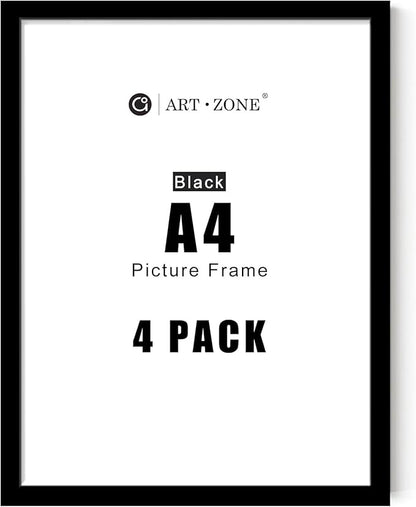 A ART·ZONE Black Picture Frames - A4-4 Pack Photo & Poster Frame Set for Wall Decor & Tabletop Display, Minimalist Black Frame Collection