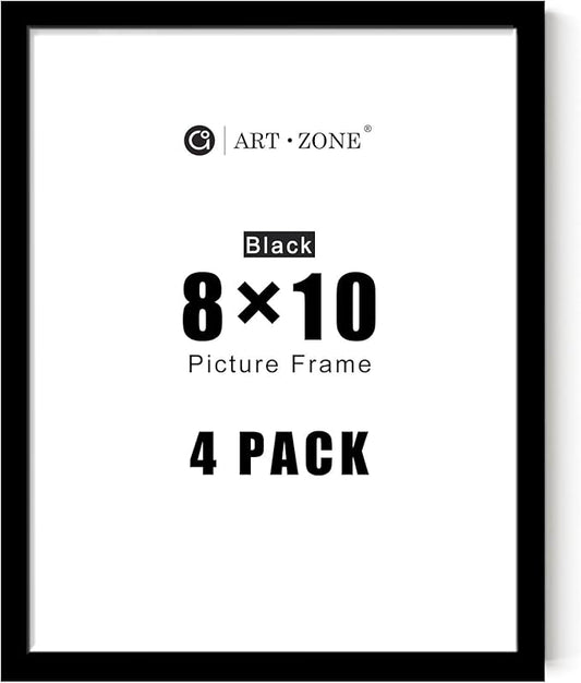 A ART·ZONE Black Picture Frames - 8x10-4 Pack Photo & Poster Frame Set for Wall Decor & Tabletop Display, Minimalist Black Frame Collection