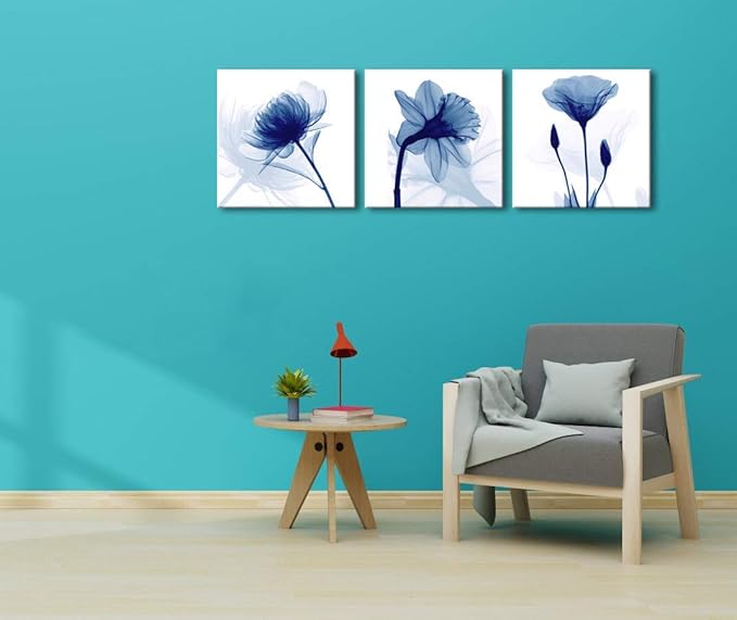 Wieco Art Blue Abstract Flowers 3 Panels Canvas Prints Wall Art Modern Pictures Artwork for Living Room Bedroom and Home Decorations