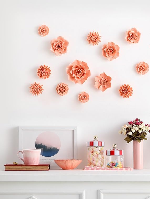 Ceramic Flower Wall Art, Artificial 3D Handmade Porcelain Flower Wall Hanging Sculpture Decor for Home Office (Orange Pink, Paeonia Lactiflora, 2.95")