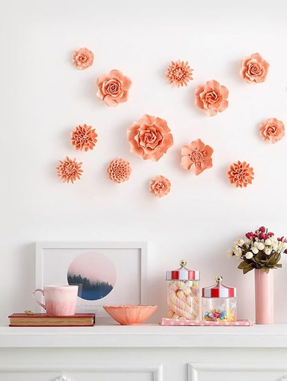 Ceramic Flower Wall Art, Artificial 3D Handmade Porcelain Flower Wall Hanging Sculpture Decor for Home Office (Orange Pink, Paeonia Lactiflora, 2.95")
