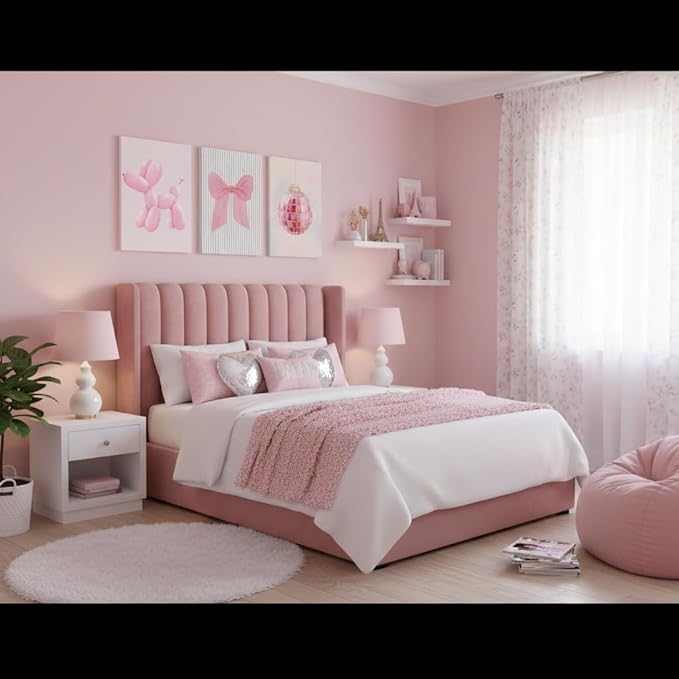 Yxjyzzkx Pink Cute Wall Art Set of 3 – Aesthetic Canvas Prints for Girls Room, Nursery & Kids Bedroom, Pink Bow Balloon Dog Chandelier Artwork, Modern Kawaii Wall Decor