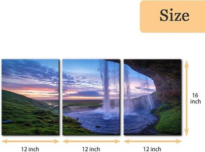 Pacimo Waterfall at Sunset Canvas Wall Art Print Iceland Landscape Painting Framed Wall Art Decor for Living Room Home Decoration 3 Pieces Gallery Wrapped Posters and Prints Ideal Gifts - 12"x16"x3