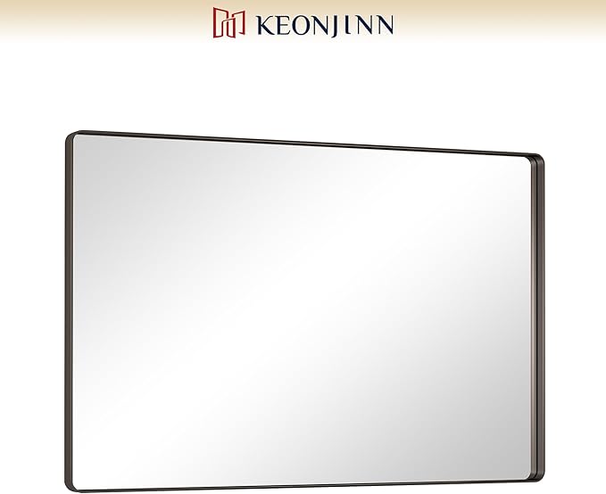 Keonjinn Black Bathroom Mirror 55 x 36 Inch Large Rounded Rectangle Mirror for Bathroom Sink, Matte Black Farmhouse Vanity Mirror, Anti-Rust, HD Tempered Glass, Sandblasted Finish(Horizontal/Vertical)
