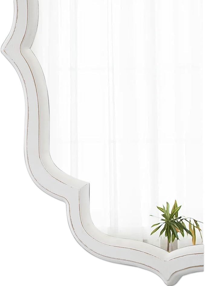 Vintage Oval Wall Mirror 22 X 30 Inch, Hanging Distressed White Scalloped Rustic Wood Wall Mirrors for Bathroom Bedroom Living Room, Farmhouse Entryway Mirror, Horizontal or Vertical