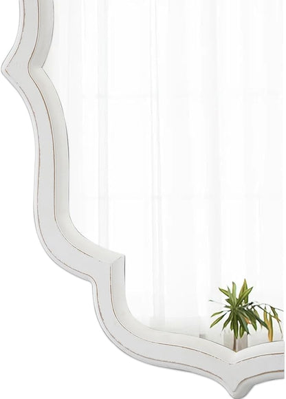 Vintage Oval Wall Mirror 22 X 30 Inch, Hanging Distressed White Scalloped Rustic Wood Wall Mirrors for Bathroom Bedroom Living Room, Farmhouse Entryway Mirror, Horizontal or Vertical