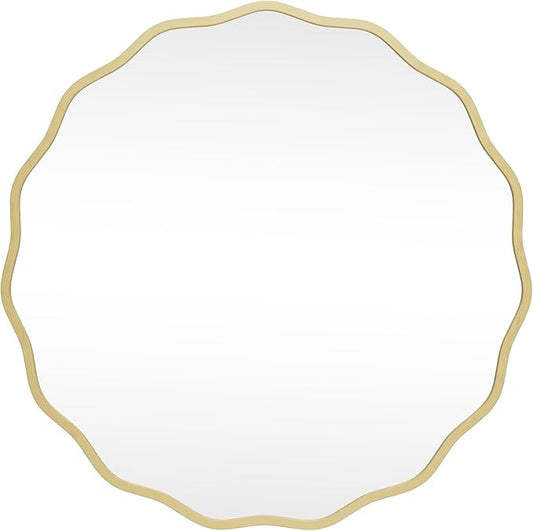 HOMECOOKIN 28" Wavy Round Wall Mirror, Gold Scalloped Circle Mirror Edge Round with Metal Frame, Modern Decorative Hanging/Leaning Mirrors for Bathroom, Hotels, Hallway, Entryway, Vanity, Office