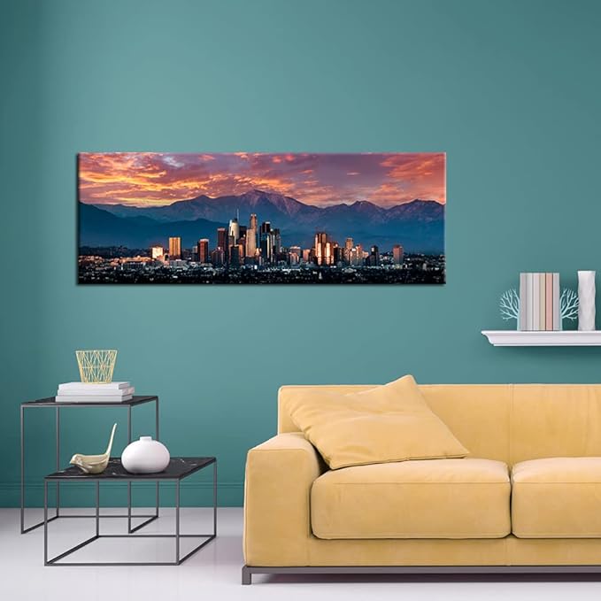 iKNOW FOTO Cityscape Canvas Wall Art California in Sunrise Poster Artwork Canvas Prints USA Famous Landmark Art Wall Decor Downtown Los Angeles Skyline Picture Painting for Bedroom Decor 20x55inch