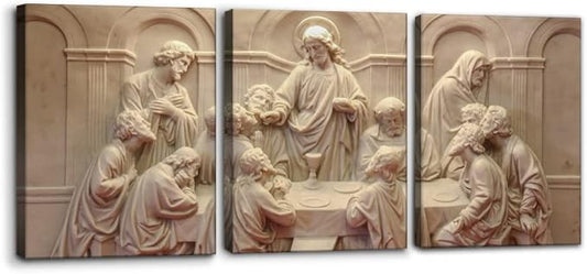3 Pieces Canvas Wall Art Picture The Last Supper Sculpture Style Paintings on Canvas 12 Apostles Modern Artwork for Home Decor Framed Gallery-wrapped Stretched Ready to Hang - 12" x 16" x 3