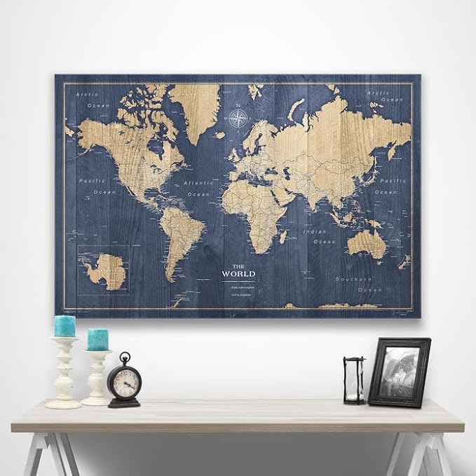 Conquest Maps World Travel Map with Pins Deep-Sea Drift Style Push Pin Travel Map Cork Board, Track Your Travels w/a Handmade Unique Canvas Pinable Map (48" x 32")