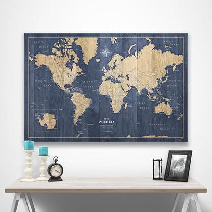Conquest Maps World Travel Map with Pins Deep-Sea Drift Style Push Pin Travel Map Cork Board, Track Your Travels w/a Handmade Unique Canvas Pinable Map (48" x 32")
