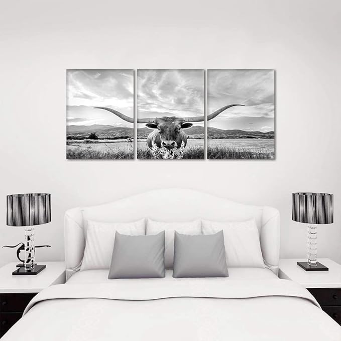 3 Panels Animal HD Painting Canvas Prints Highland Cow Wall Art Texas Longhorn Steer in Rural Utah Art Modern Wall Art Painting for Living Room Home Decor, Framed and Stretched 20" W x 28" Hx3pcs