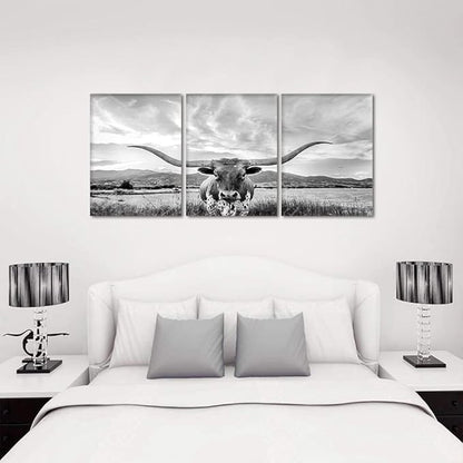 3 Panels Animal HD Painting Canvas Prints Highland Cow Wall Art Texas Longhorn Steer in Rural Utah Art Modern Wall Art Painting for Living Room Home Decor, Framed and Stretched 20" W x 28" Hx3pcs