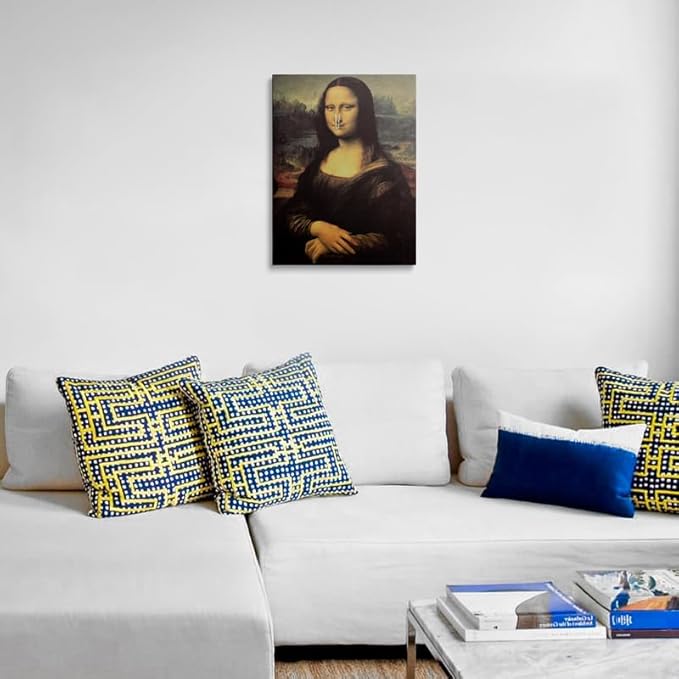 Funny Bathroom Wall Art Framed Painting Mona Lisa Parody Holding Nose Clothespin Stinky Humor Canvas Poster Vintage Artwork Joke Decor for Toilet Game Room 16x24 Inches