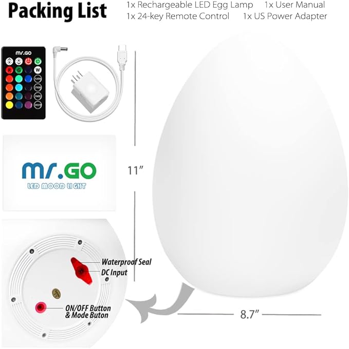 Mr.Go 11-Inch LED Egg Lamp with Remote - Color-Changing, Cordless, Waterproof, Rechargeable Night Light Mood Lighting - 16 RGB Colors, 4 Modes, Dimmable - Great as Table Centerpiece or Room Decoration