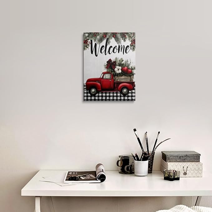 Welcome Sign Canvas Wall Art Framed Vintage Red Truck Christmas Wall Decor with Holly Berries Apples Pine Branches Farmhouse Artwork Print Poster for Living Room Entryway 12x16 Inches