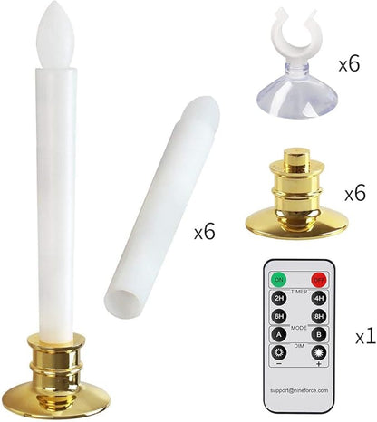 6 Pack Flameless Taper Candles with Remote/Timer & Suction Cup, Battery Operated Flickering LED Window Candles, Vintage Christmas Electric Fake Candlesticks, Golden Holder