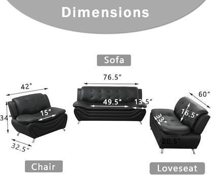 Living Room Furniture Sets, Faux Leather Sofa Set, Sofa Couch Black Loveseat and Chair for Bedroom, Apartment, for Living Room