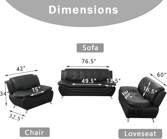 Faux Leather Sofa Set, Living Room Furniture Sets, 3PCS Sofa Couches Black Loveseat and 2 Chairs for Bedroom, Apartment, for Living Room