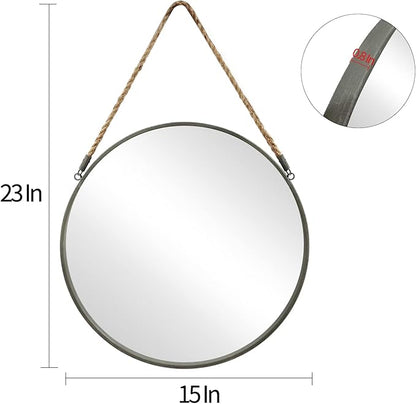 POZINO Round Mirror, Rope Hanging Mirror, 15 Inch Farmhouse Circle Wall Mirror for Bathroom Bedroom Living Room Entryway Home Decor, Grey