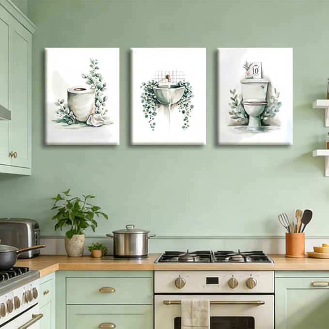 Frimeeme 3 Piece Sage Green Botanical Bathroom Decor, Framed Canvas Wall Art Set, bathroom wall art with leaves, 12x16 Inches Ready to Hang Prints