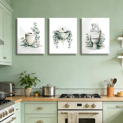 Frimeeme 3 Piece Sage Green Botanical Bathroom Decor, Framed Canvas Wall Art Set, bathroom wall art with leaves, 12x16 Inches Ready to Hang Prints