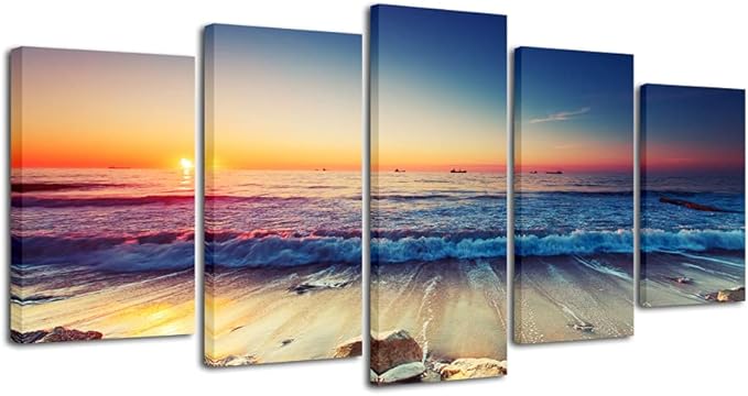 Pyradecor Ocean Seascape Canvas Prints Wall Art Sea Beach Pictures Paintings for Living Room Bedroom Home Decorations 5 Piece Modern Stretched Ready to Hang Landscape Artwork