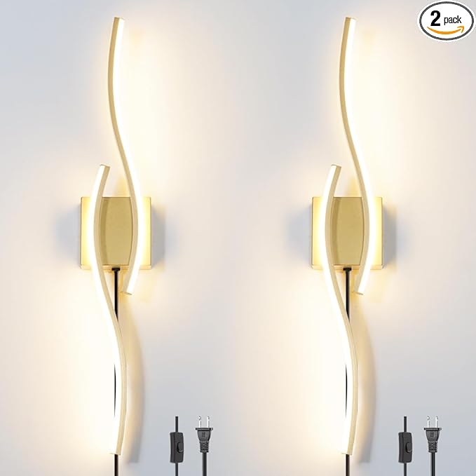 Daunton Modern Gold Plug in Wall Sconce Set of 2, Indoor Dimmable Light Fixture with Plug in Cord for Living Room, LED Sconces Lighting with Remote Control, Wall Lighting Decor for Hallway Bedroom