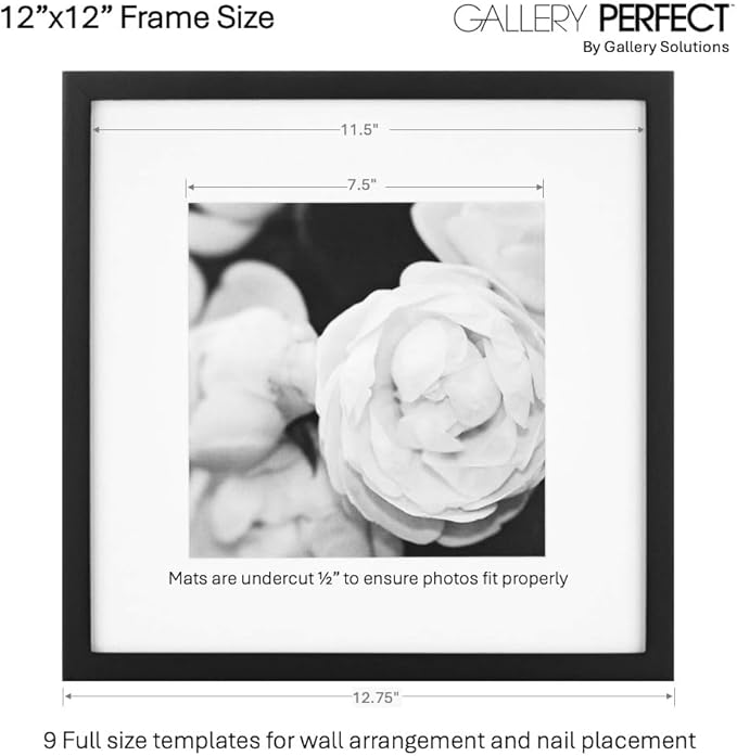 Gallery Perfect 12x12 Picture Frames, 9 Piece Set with Real Glass Cover for 8x8 Photos With Mat, Picture Frames Collage Wall Decor for Gallery Wall, Home Decor, Black