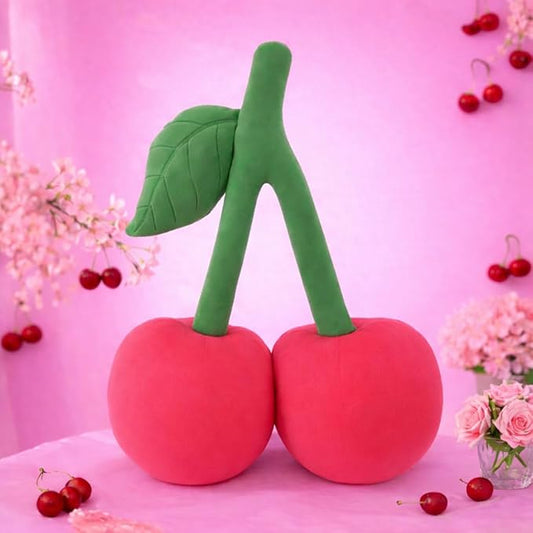 Cherry Pillow for Preppy Room Decor –17x14 In 3D Decorative Cherry Throw Pillow in Luxe Velvet –Shape Hold Fill Fruit Cushion with Sculpted Stem & Embroidered Leaf for Sofa & Aesthetic Home Decor Pink