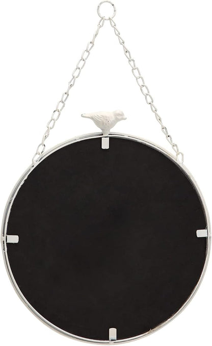 NIKKY HOME 11 Inch Decorative Small Hanging Mirrors Vintage Rustic Round Metal Framed Wall Mounted Mirror Decor with Bird for Bathroom Living Room Office, Rustic White
