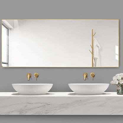 Dewfig Full Length Mirror with Stand, 64" x 21" Free Standing Floor Mirror, Full Body Mirrors, Hanging or Wall Mounted Mirrors for Bedroom, Rectangle Shape, Metal Frame,Gold