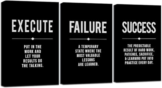 Framed Canvas Wall Art Success Quote, Office Wall Art, Black Large Poster, Positive Motivational Set of 3 Prints, Execute Failure Definition, Inspirational Print (A-3pcs,20x30inchx3pcs)