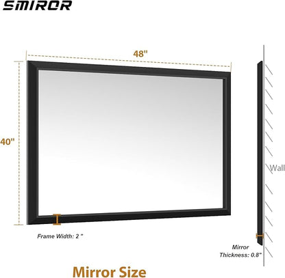 SMIROR Matte Black Bathroom Mirror for Over Sink 48x 40 inch, Metal Thick Frame Rectangle Vanity Mirror for Wall, Anti-Rust, Horizontally or Vertically Mounted