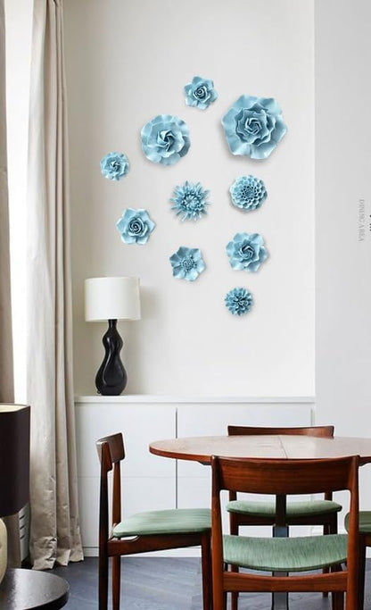 AMERRY 3.94" Ceramic Rose Wall Art, 3D Handmade Porcelain Hanging Sculpture for Home Office Decor (Blue)