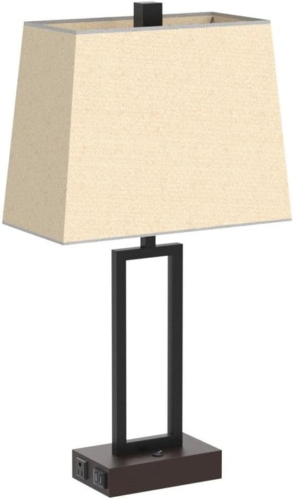 Lolikit Table Lamp for Bedroom Set of 2 with 2 USB Ports and AC Power Outlet, 23.5" Modern Bedside Lamp, Wood Nightstand Lamp with Linen Shade for Living Room Hotel Desk(LED Bulb Included)