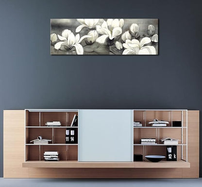 Wieco Art Magnolia Modern Wrapped Floral Artwork Giclee Canvas Prints White and Grey Flowers Pictures Paintings on Canvas Wall Art Ready to Hang for Living Room Bedroom Home Decorations 48x16