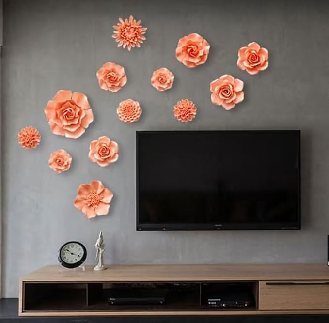 Carnation 3.15" Ceramic 3D Wall Art, Handmade Porcelain Flower Decoration for Home Office Decor (Orange Pink)