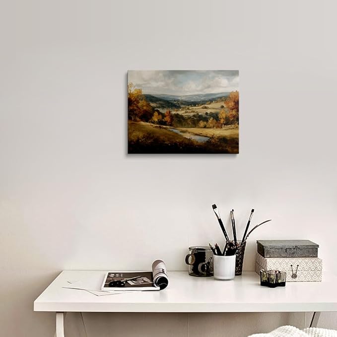 Calming Forest Mountain Landscape Canvas Wall Art Framed Oil Painting Autumn Stream Rolling Hills Moody Nature Wall Decor Artwork Print Poster Peaceful Scene for Living Room Bedroom 16x24 Inches