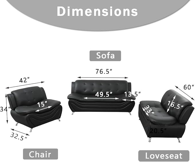 Leather Couches for Living Room, Living Room Couch Set, Sofa for Bedroom, Apartment, Living Room Furniture Sets (a-Leather Black, Sofa+Loveseat+Chair)
