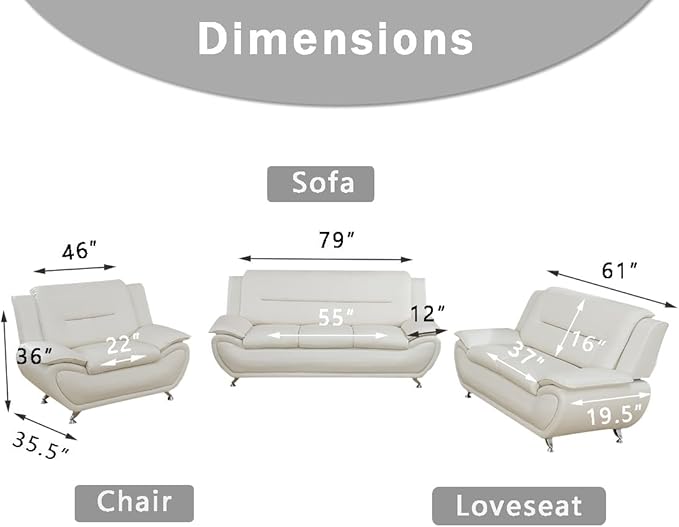 Creamy White Leather Couches for Living Room, Living Room Furniture Sets, Sofa and Loveseat Set, Sofa Couch Set for Bedroom, Office (b-Creamy White, Sofa+Loveseat+Chair)