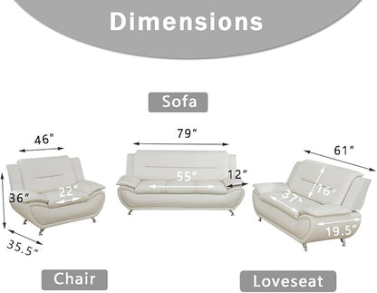 Creamy White Leather Couches for Living Room, Living Room Furniture Sets, Sofa and Loveseat Set, Sofa Couch Set for Bedroom, Office (b-Creamy White, Sofa+Loveseat+Chair)