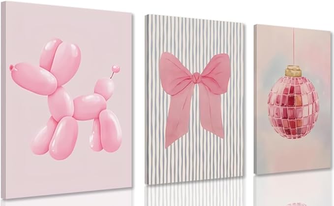 Yxjyzzkx Pink Cute Wall Art Set of 3 – Aesthetic Canvas Prints for Girls Room, Nursery & Kids Bedroom, Pink Bow Balloon Dog Chandelier Artwork, Modern Kawaii Wall Decor