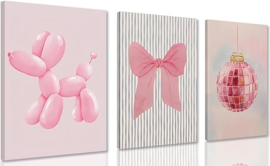 Yxjyzzkx Pink Cute Wall Art Set of 3 – Aesthetic Canvas Prints for Girls Room, Nursery & Kids Bedroom, Pink Bow Balloon Dog Chandelier Artwork, Modern Kawaii Wall Decor