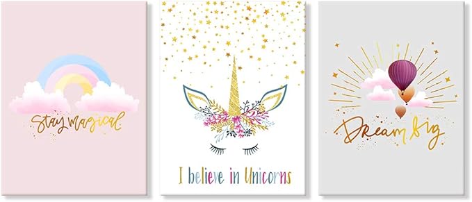 3 Pieces Unicorn Decor for Girls Room Princess Room Decor Rainbow Pink Toddler Girl Room Decor Canvas Prints Motivational Colorful Hot Air Balloon Cartoon Unicorns Framed Pictures for Teen Girl Women Nursery Bathroom Decor 12"x16"(30x40cm)