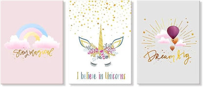 3 Pieces Unicorn Decor for Girls Room Princess Room Decor Rainbow Pink Toddler Girl Room Decor Canvas Prints Motivational Colorful Hot Air Balloon Cartoon Unicorns Framed Pictures for Teen Girl Women Nursery Bathroom Decor 12"x16"(30x40cm)