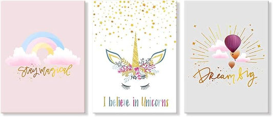3 Pieces Unicorn Decor for Girls Room Princess Room Decor Rainbow Pink Toddler Girl Room Decor Canvas Prints Motivational Colorful Hot Air Balloon Cartoon Unicorns Framed Pictures for Teen Girl Women Nursery Bathroom Decor 12"x16"(30x40cm)